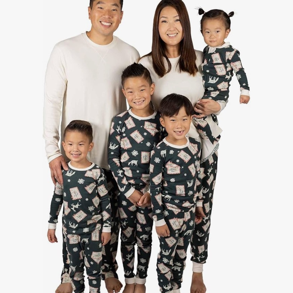 Burt's Bees Family Pajama Set in Dark Green with Festive Prints